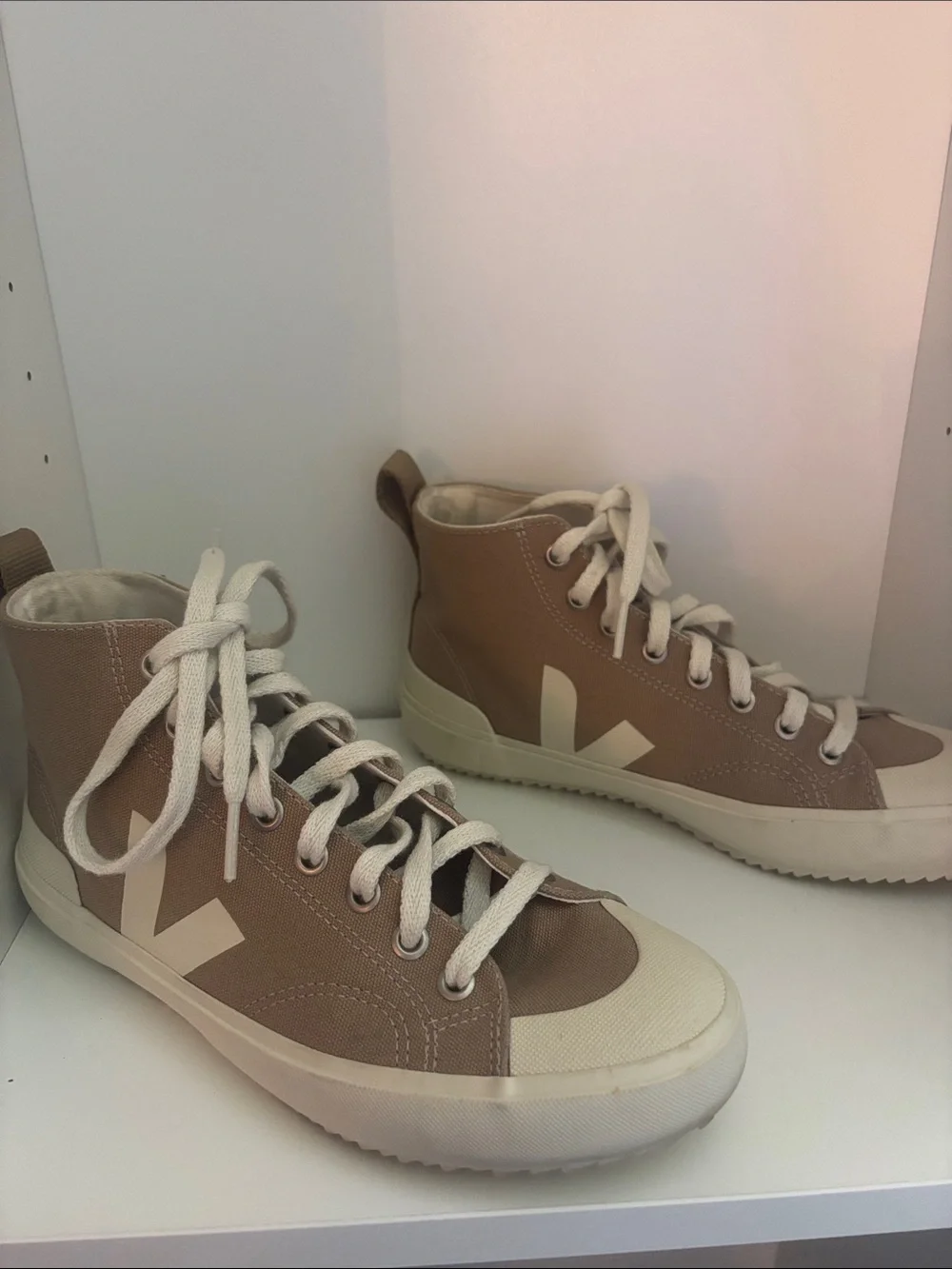 Veja High Top Canvas Sneakers Taupe and White